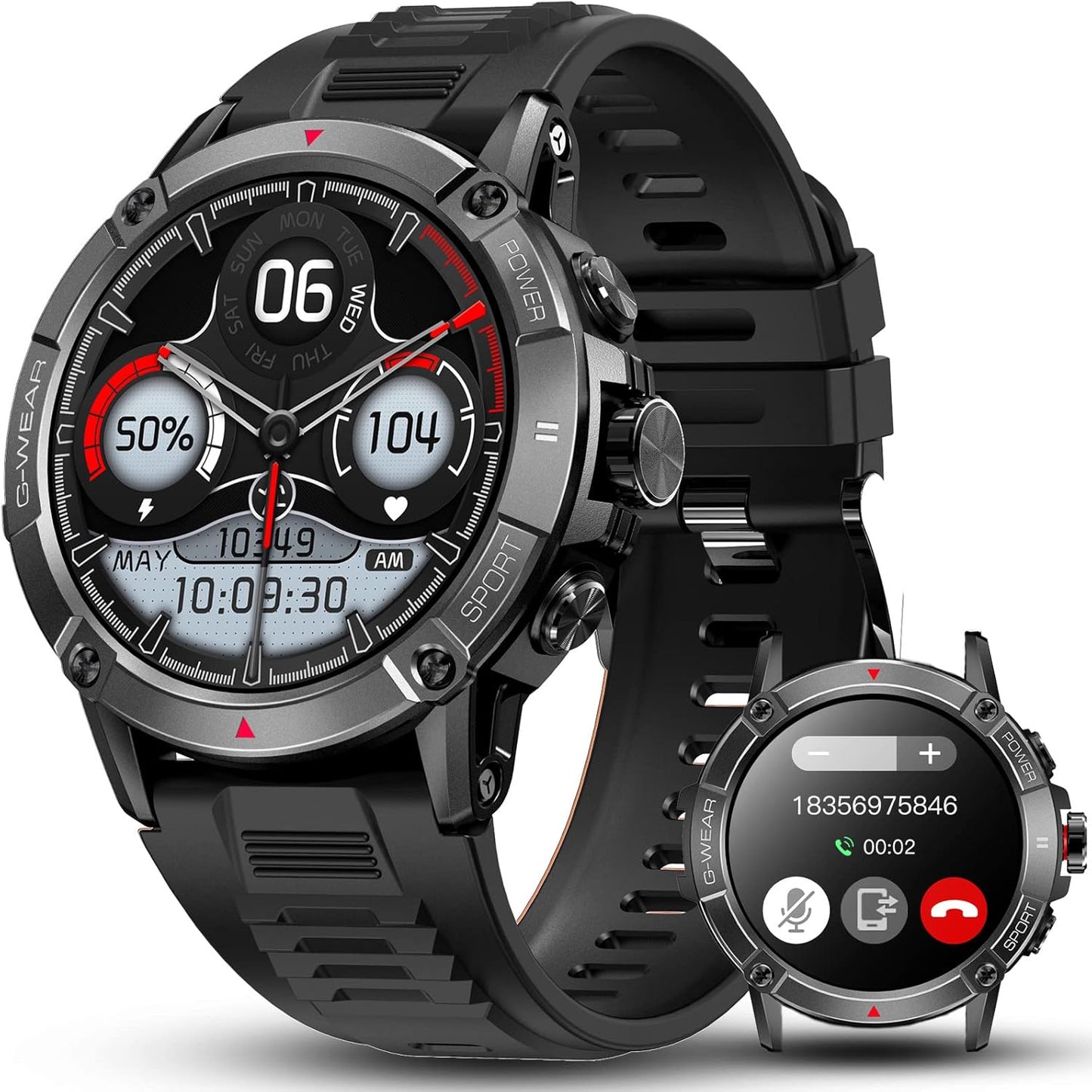 ANSUNG Montre connectée pour hommes avec fonction de téléphone, écran tactile IPS de 1,52 pouces, étanche à 50 m, moniteur d'activité physique, SpO2, moniteur de fréquence intelligent, 400 mAh, grand tracker d'activité extérieur Akku, montre militaire