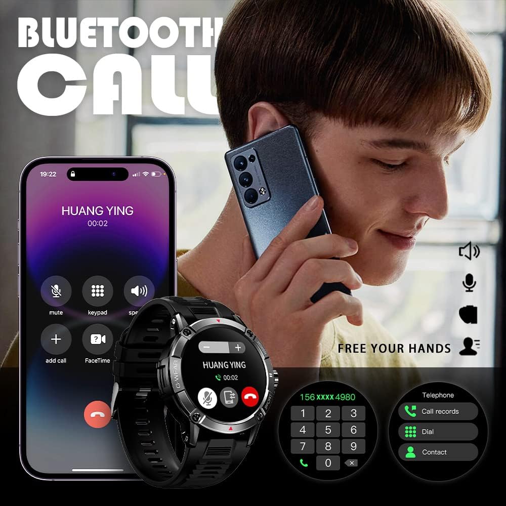 ANSUNG Montre connectée pour hommes avec fonction de téléphone, écran tactile IPS de 1,52 pouces, étanche à 50 m, moniteur d'activité physique, SpO2, moniteur de fréquence intelligent, 400 mAh, grand tracker d'activité extérieur Akku, montre militaire