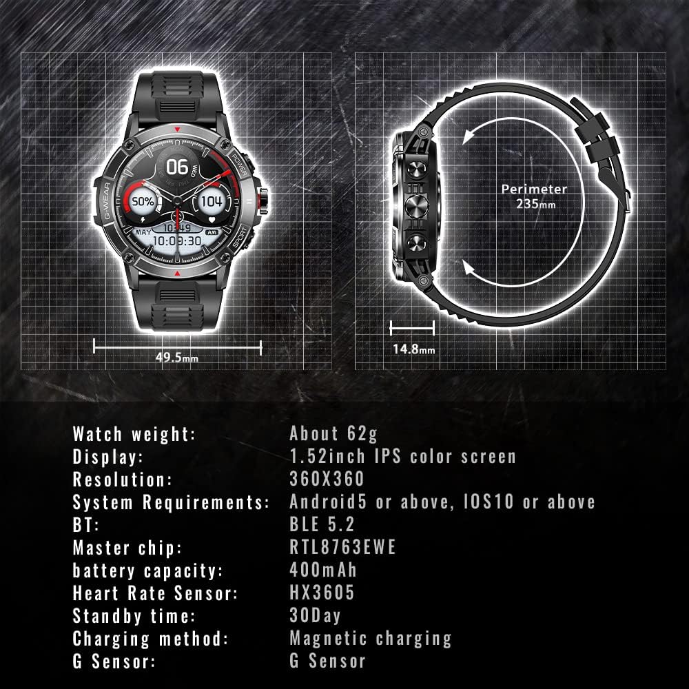 ANSUNG Montre connectée pour hommes avec fonction de téléphone, écran tactile IPS de 1,52 pouces, étanche à 50 m, moniteur d'activité physique, SpO2, moniteur de fréquence intelligent, 400 mAh, grand tracker d'activité extérieur Akku, montre militaire