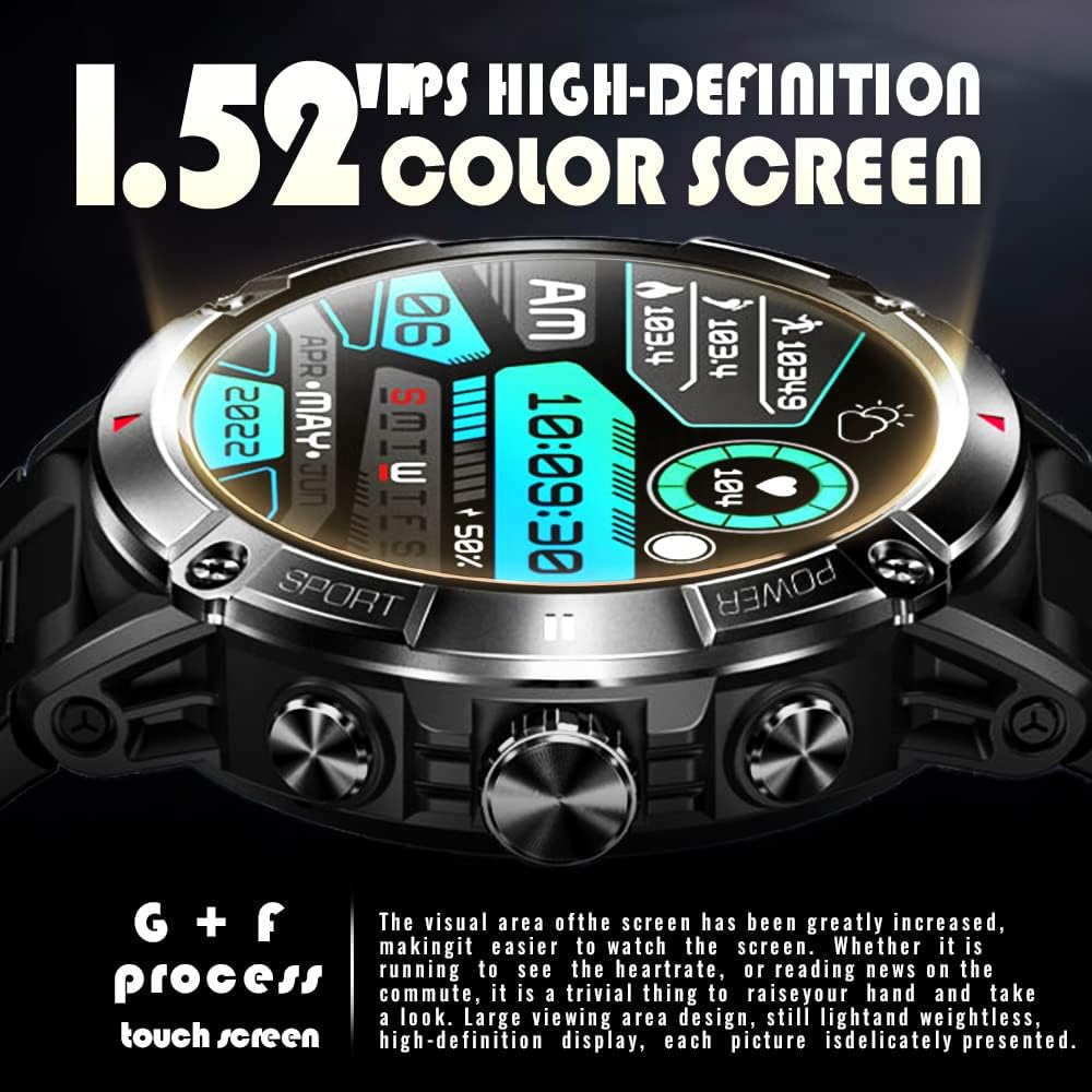 ANSUNG Montre connectée pour hommes avec fonction de téléphone, écran tactile IPS de 1,52 pouces, étanche à 50 m, moniteur d'activité physique, SpO2, moniteur de fréquence intelligent, 400 mAh, grand tracker d'activité extérieur Akku, montre militaire