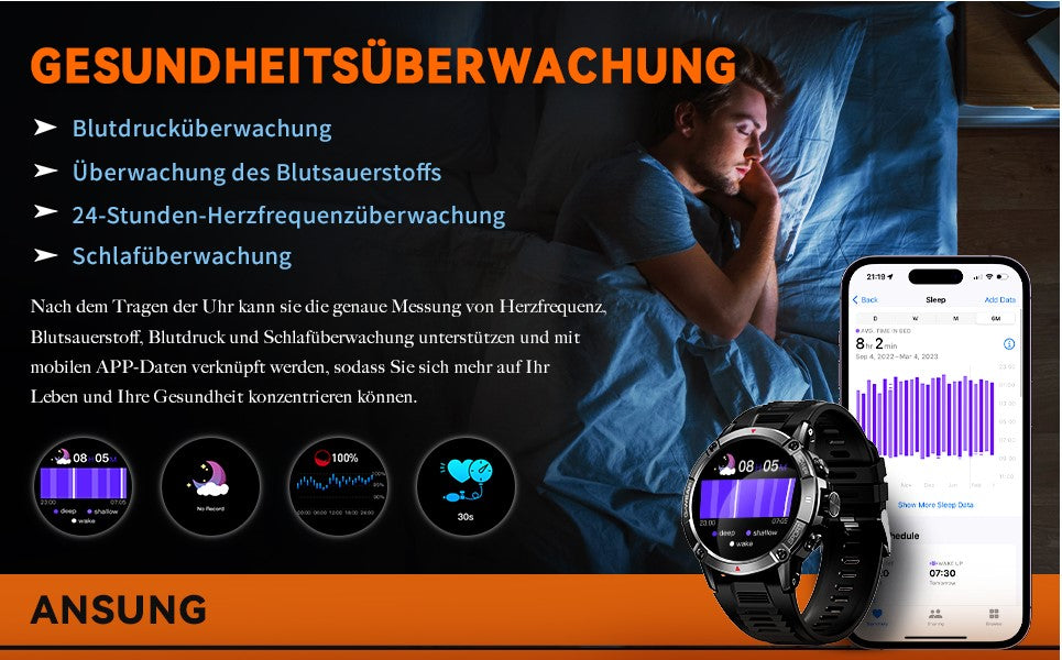ANSUNG Montre connectée pour hommes avec fonction de téléphone, écran tactile IPS de 1,52 pouces, étanche à 50 m, moniteur d'activité physique, SpO2, moniteur de fréquence intelligent, 400 mAh, grand tracker d'activité extérieur Akku, montre militaire