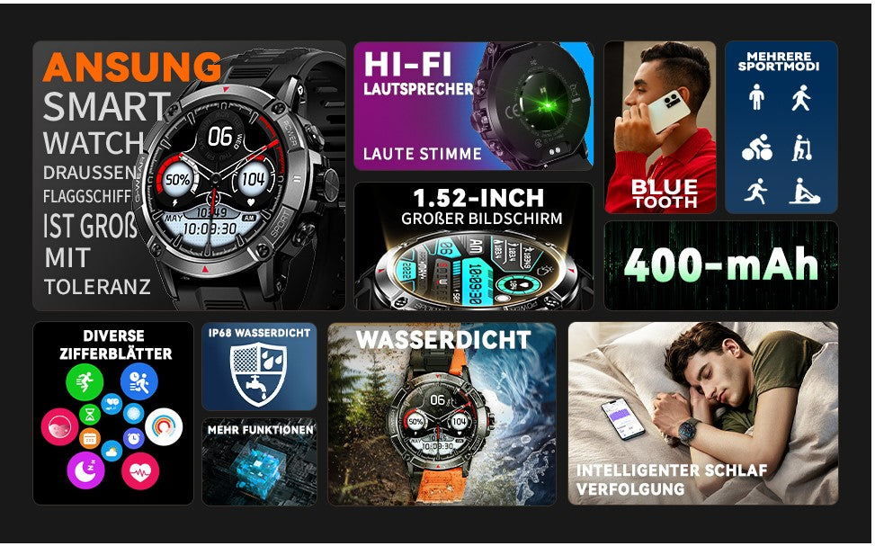 ANSUNG Montre connectée pour hommes avec fonction de téléphone, écran tactile IPS de 1,52 pouces, étanche à 50 m, moniteur d'activité physique, SpO2, moniteur de fréquence intelligent, 400 mAh, grand tracker d'activité extérieur Akku, montre militaire