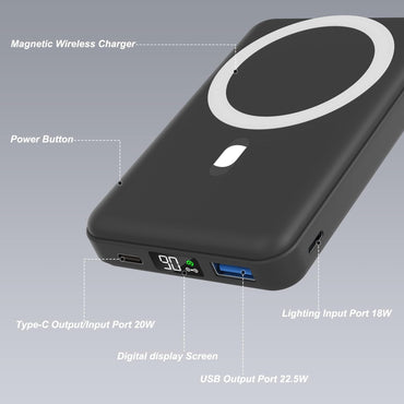 Batterie externe magnétique AOGUERBE, 10 000 mAh, LED, pour batterie Mag-Safe 22,5 W, noir