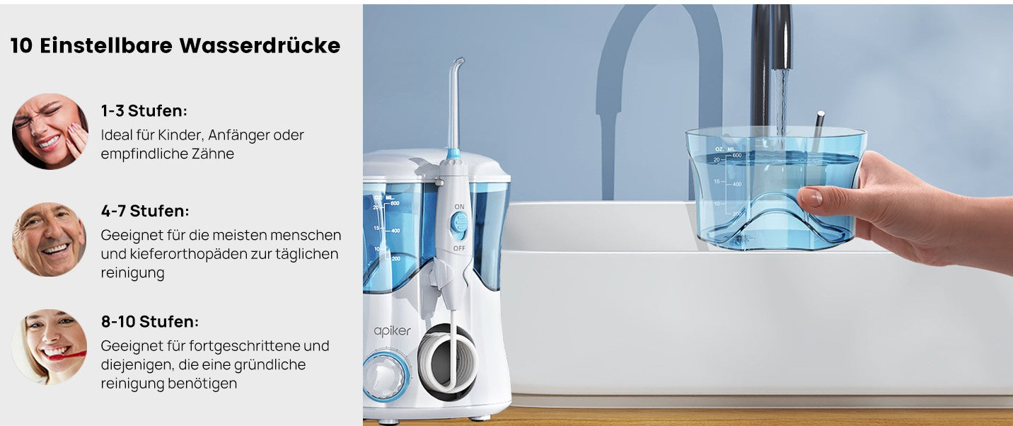 Douche buccale électrique Apiker 600 ml avec 8 buses multifonctions et 10 pressions différentes pour l'hygiène de la maison, nettoyant pour la chambre pour la famille et les voyages, irrigateur buccal (blanc)