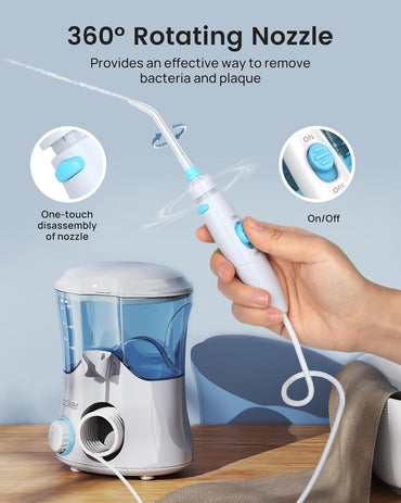 Douche buccale électrique Apiker 600 ml avec 8 buses multifonctions et 10 pressions différentes pour l'hygiène de la maison, nettoyant pour la chambre pour la famille et les voyages, irrigateur buccal (blanc)