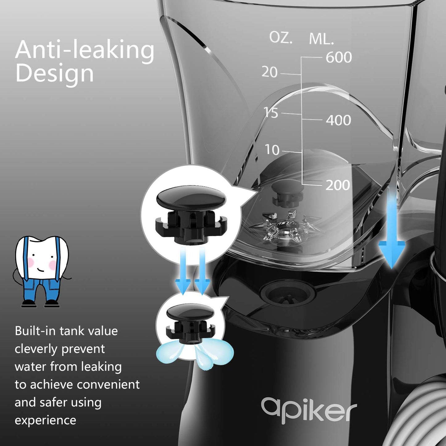 Apiker Washer Flosser pour le nettoyage 600 ml 8 embouts de nettoyage multifonctions