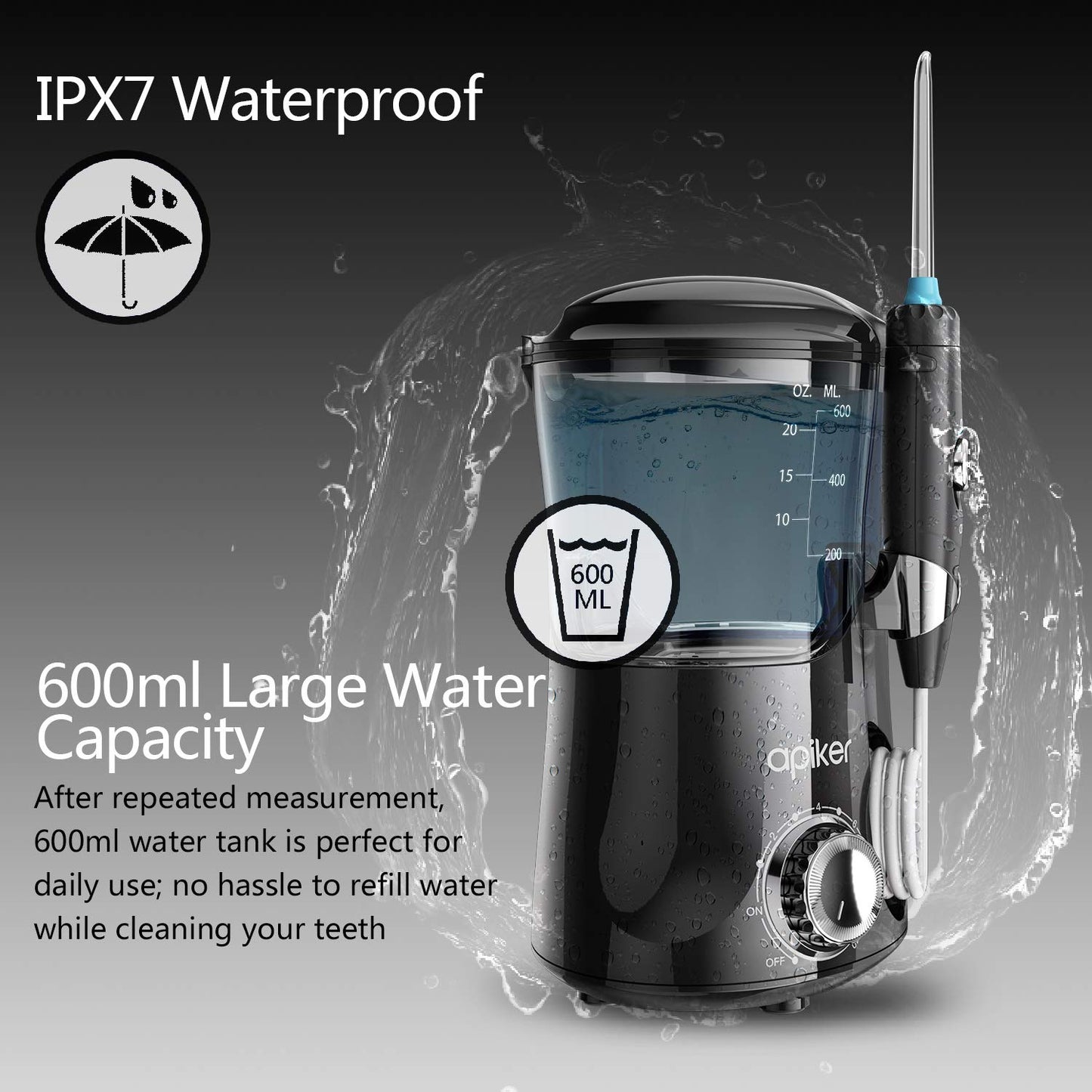Apiker Washer Flosser pour le nettoyage 600 ml 8 embouts de nettoyage multifonctions
