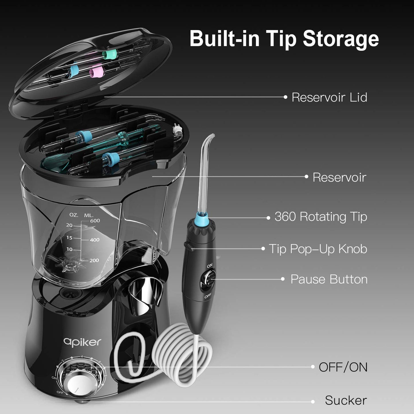 Apiker Washer Flosser pour le nettoyage 600 ml 8 embouts de nettoyage multifonctions