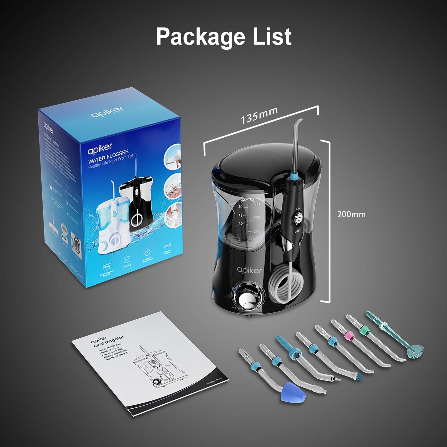 Apiker Washer Flosser pour le nettoyage 600 ml 8 embouts de nettoyage multifonctions