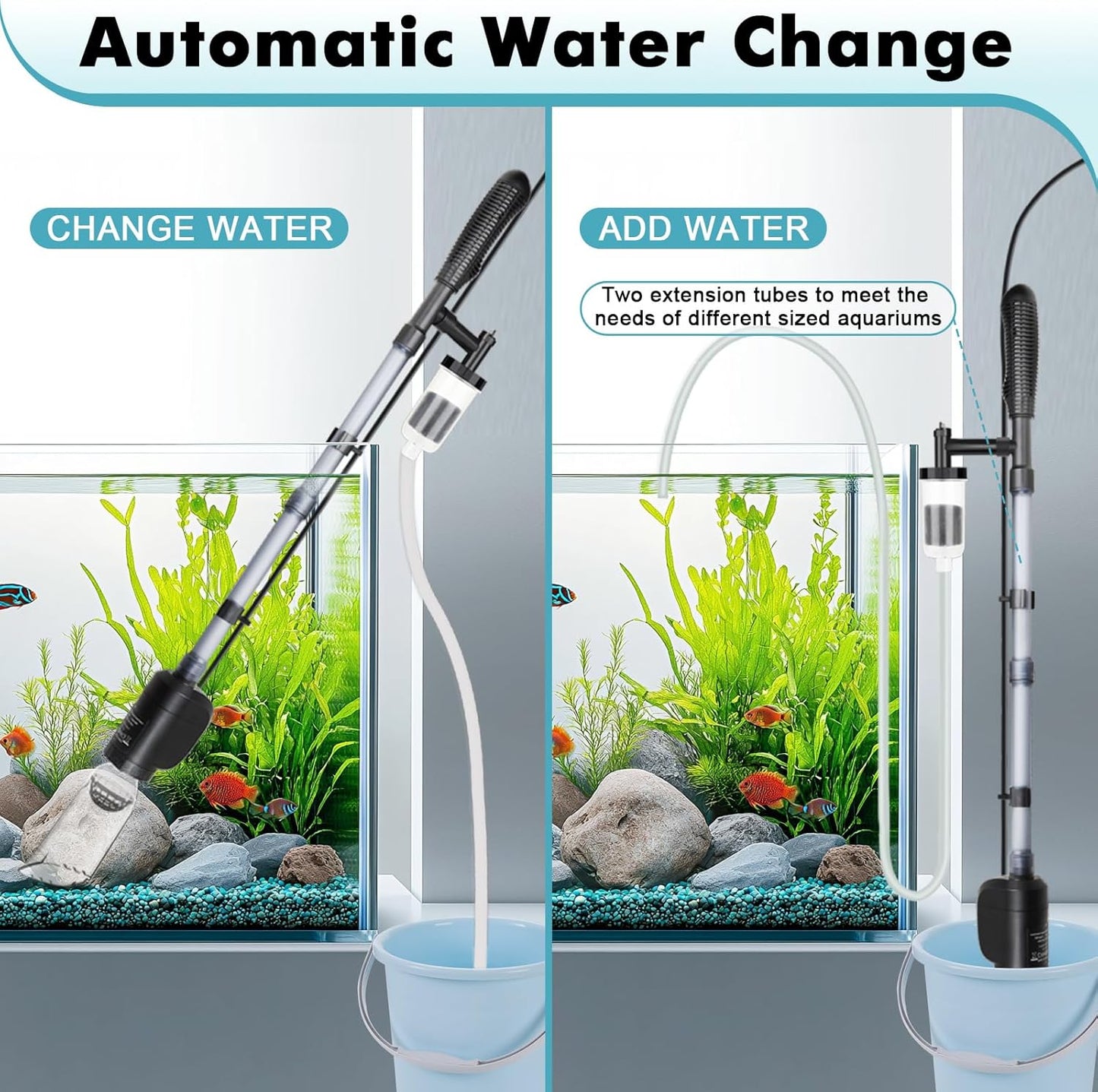 AQQA Elektrischer Aquarium Mulmsauger und Wasserwechsler 6-in-1 (20 W, 320 GPH)