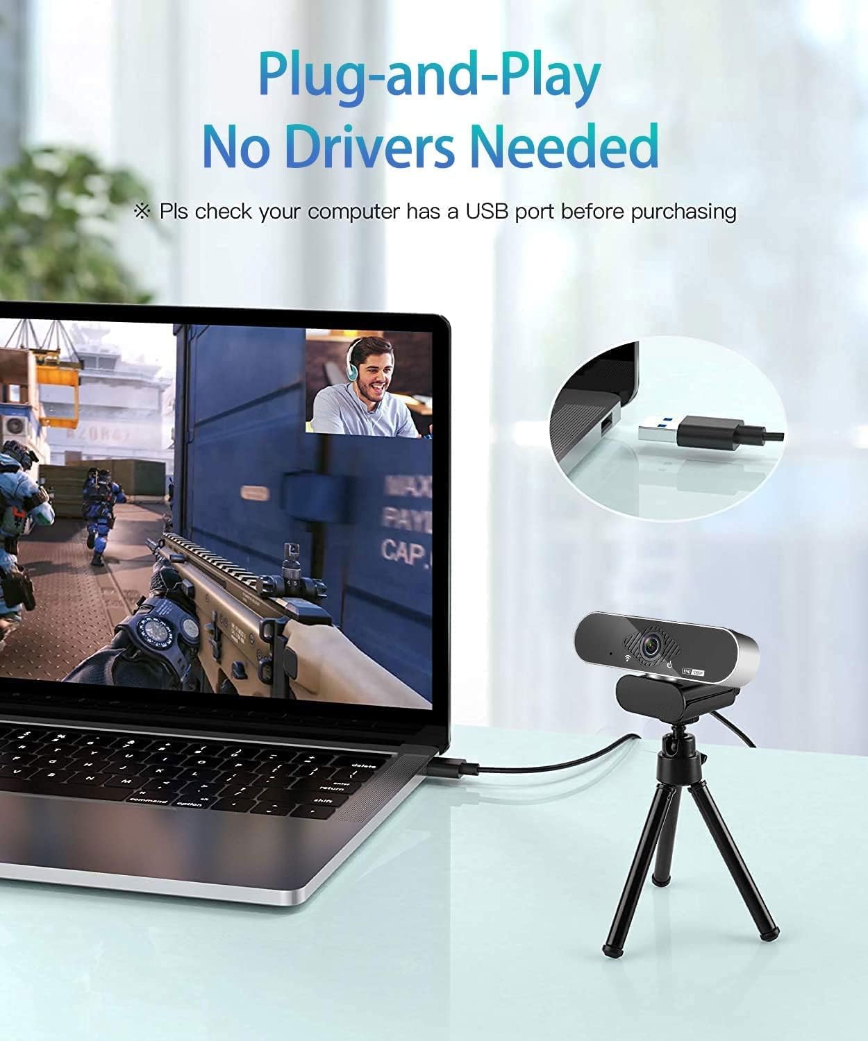Webcam, 1080P Pro HD Webcam mit Stereo-Mikrofon, 110° Weitwinkel,Stativ, Schwarz