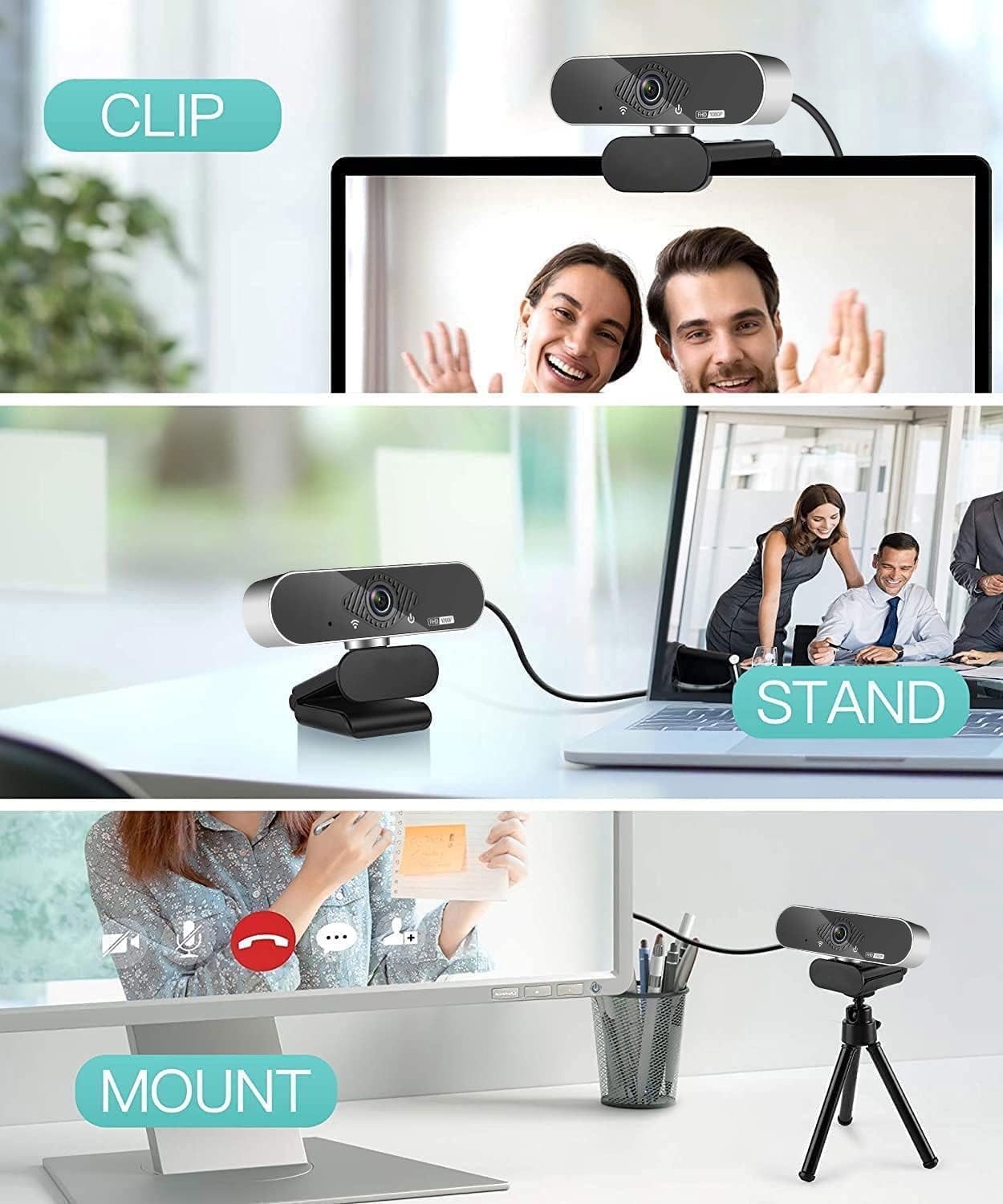 Webcam, 1080P Pro HD Webcam mit Stereo-Mikrofon, 110° Weitwinkel,Stativ, Schwarz