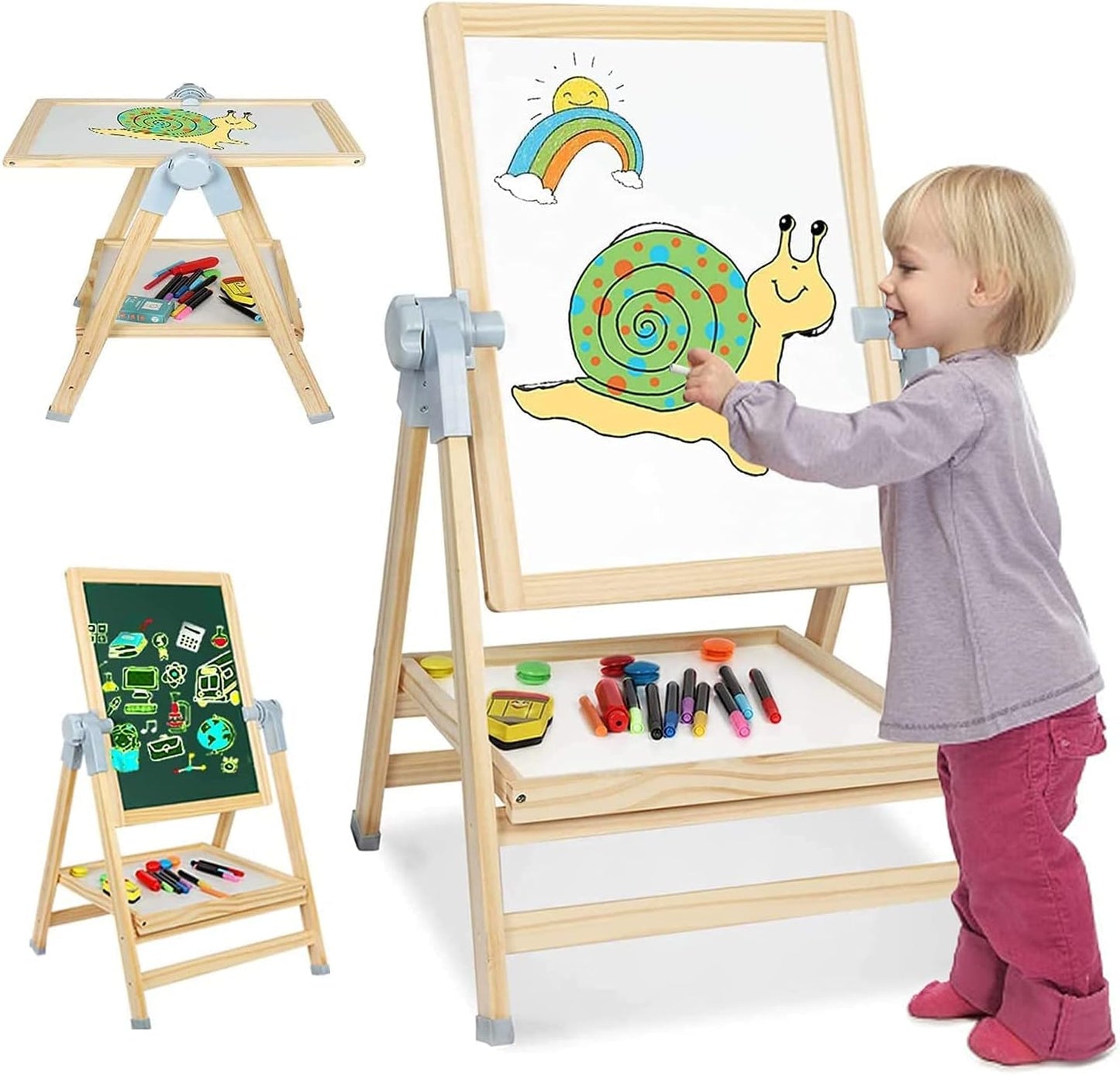ARKMIIDO Kreidetafel für Kinder Holz Standtafel Schreibtafel Schultafel Faltbare,doppelseitiges,höhenverstellbare