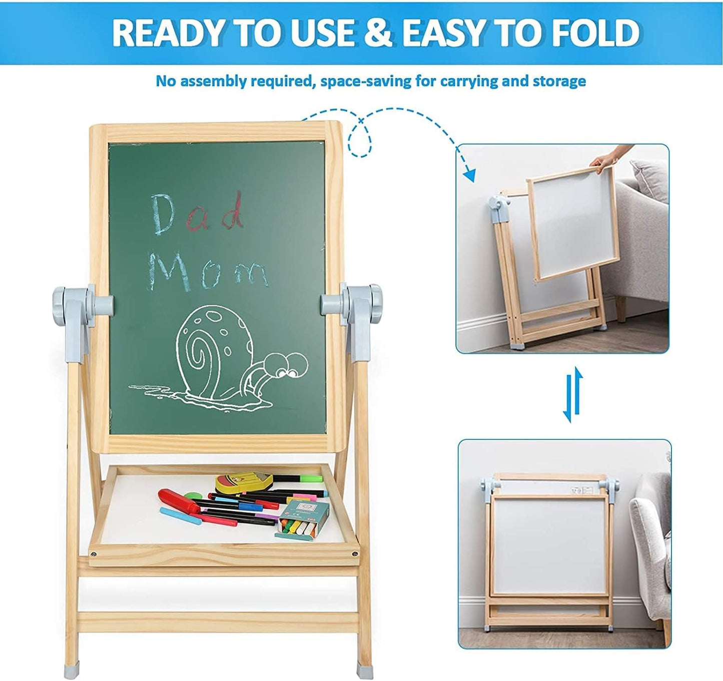 ARKMIIDO Kreidetafel für Kinder Holz Standtafel Schreibtafel Schultafel Faltbare,doppelseitiges,höhenverstellbare
