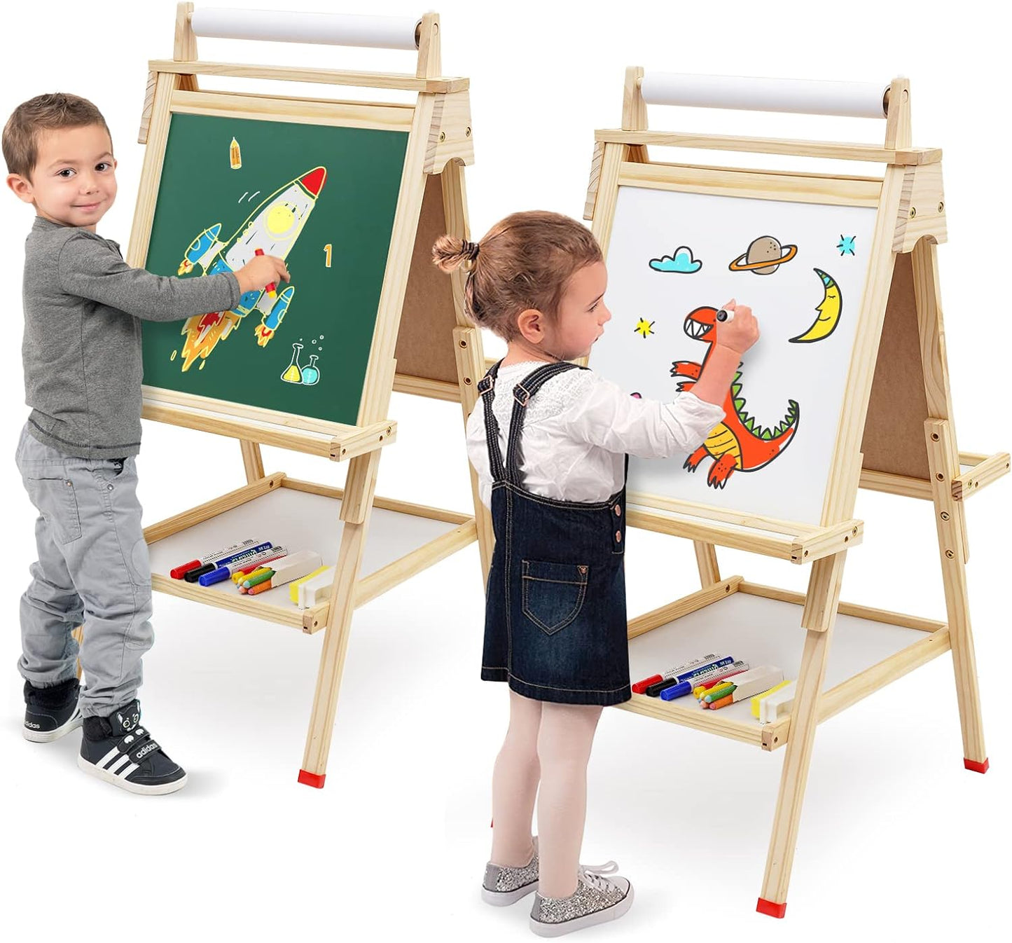 ARKMIIDO Kinder-Staffelei aus Holz, Kunststaffelei, verstellbar, Stehstaffelei, doppelseitig, Zeichenstaffelei mit Papierrolle, Kreidetafel und Whiteboard,