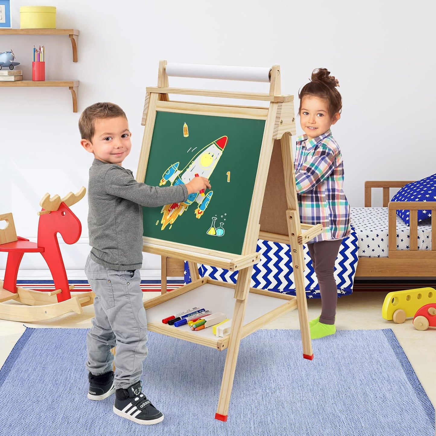 ARKMIIDO Kinder-Staffelei aus Holz, Kunststaffelei, verstellbar, Stehstaffelei, doppelseitig, Zeichenstaffelei mit Papierrolle, Kreidetafel und Whiteboard,