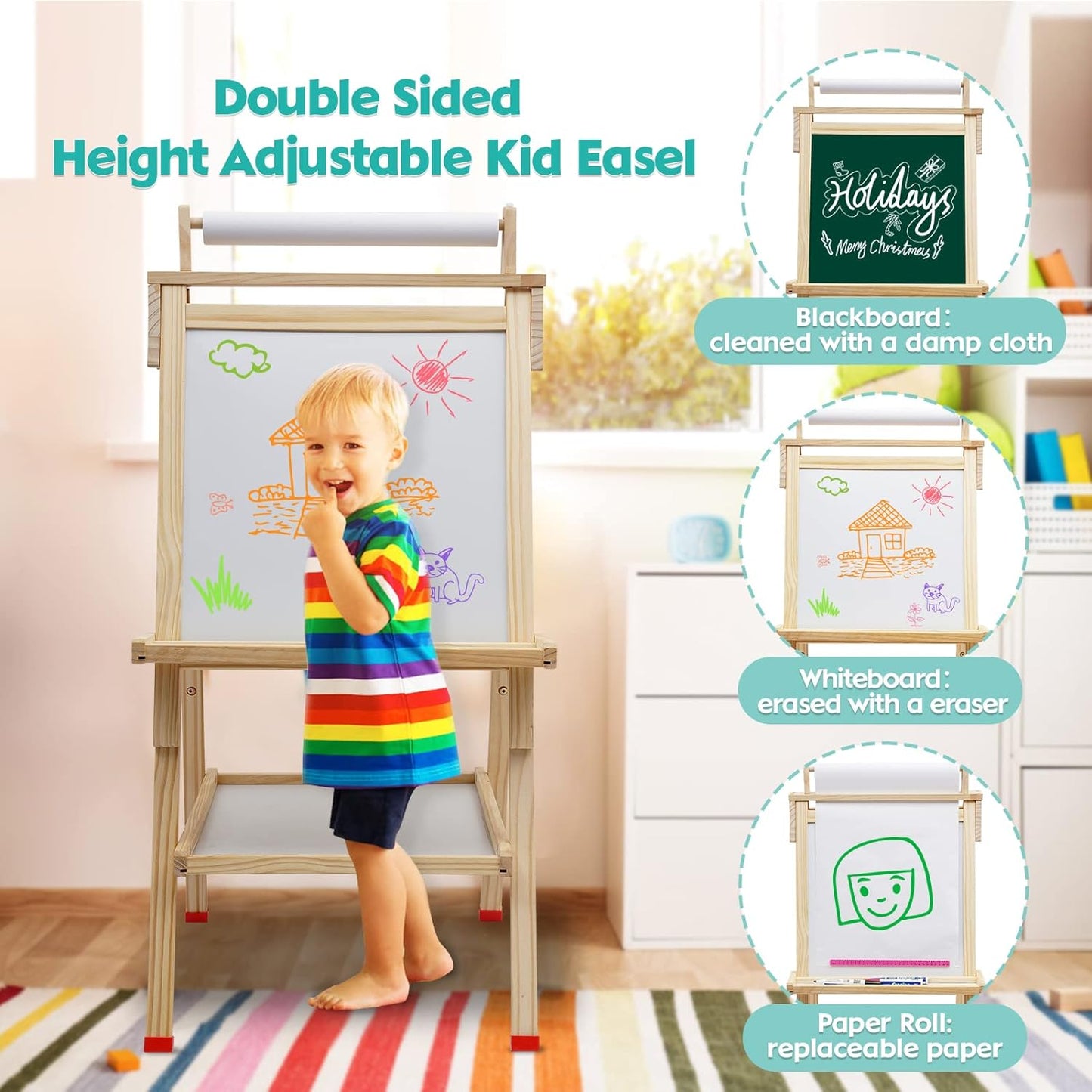 ARKMIIDO Kinder-Staffelei aus Holz, Kunststaffelei, verstellbar, Stehstaffelei, doppelseitig, Zeichenstaffelei mit Papierrolle, Kreidetafel und Whiteboard,