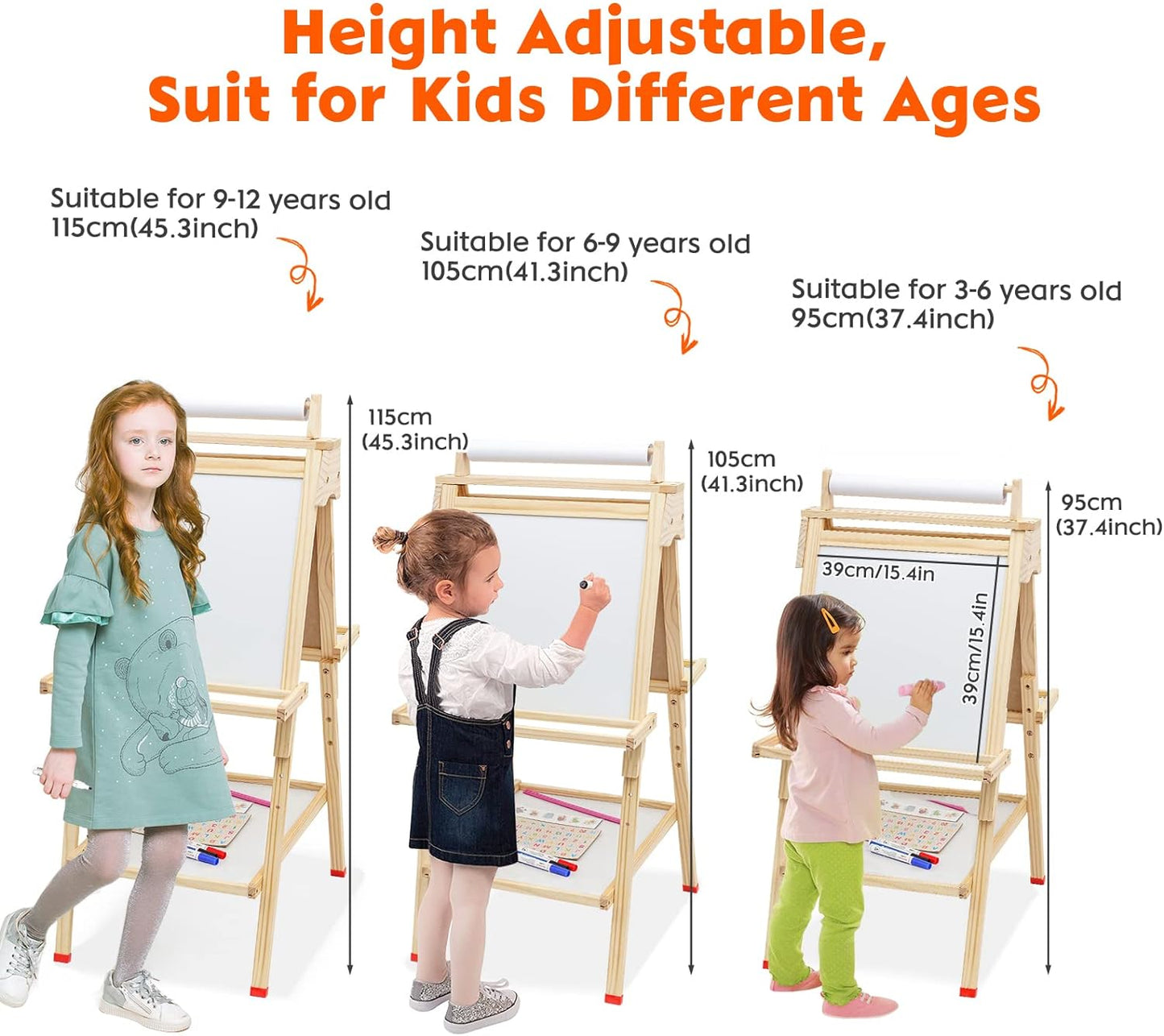 ARKMIIDO Kinder-Staffelei aus Holz, Kunststaffelei, verstellbar, Stehstaffelei, doppelseitig, Zeichenstaffelei mit Papierrolle, Kreidetafel und Whiteboard,