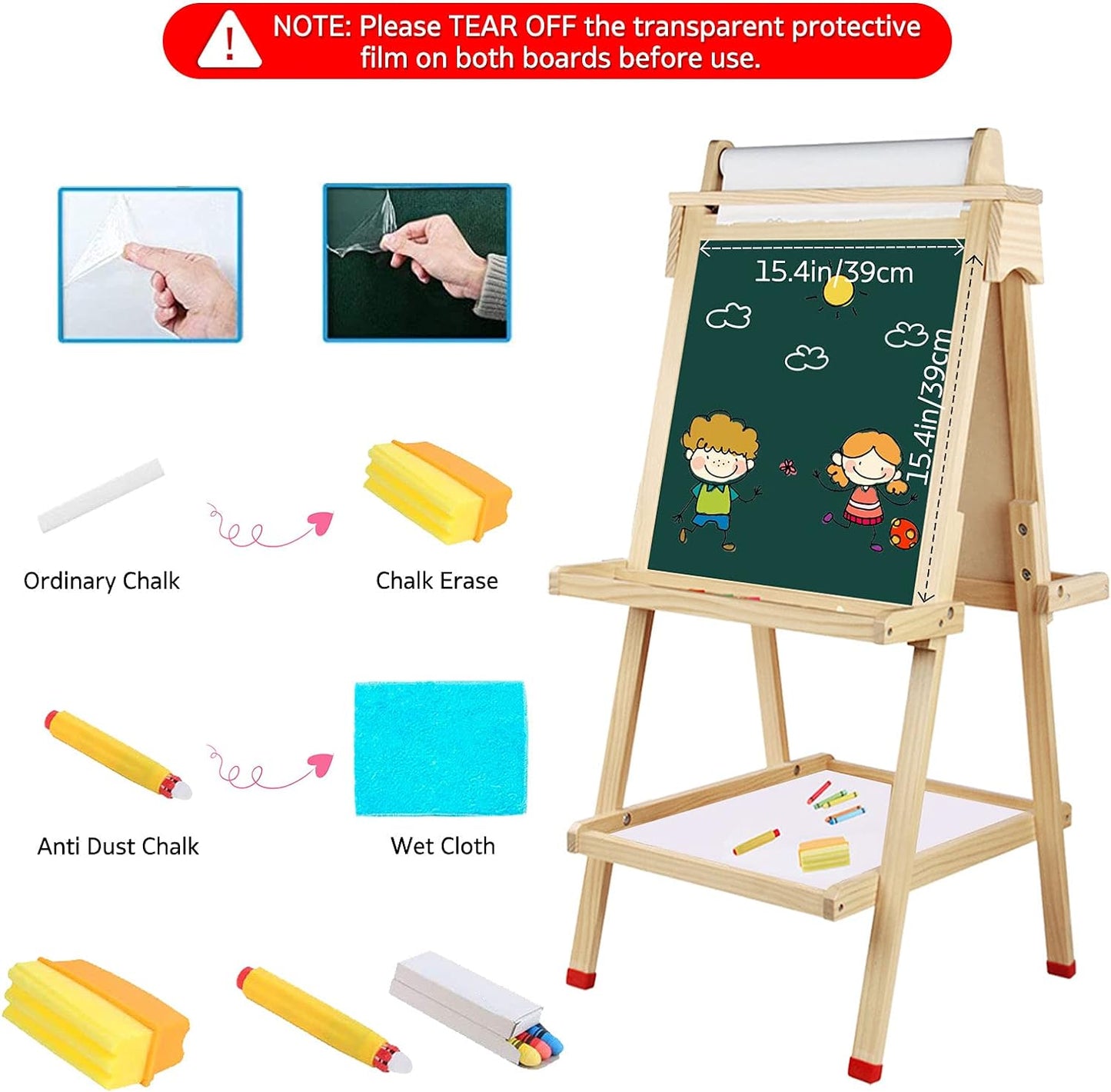 ARKMIIDO Kinder-Staffelei aus Holz, Kunststaffelei, verstellbar, Stehstaffelei, doppelseitig, Zeichenstaffelei mit Papierrolle, Kreidetafel und Whiteboard,