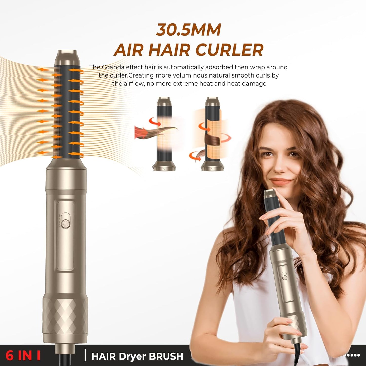 Atopskins Airstyler Set 6 in 1 Warmluftbürste Set, 1000W Stylingbürsten Set Gold
