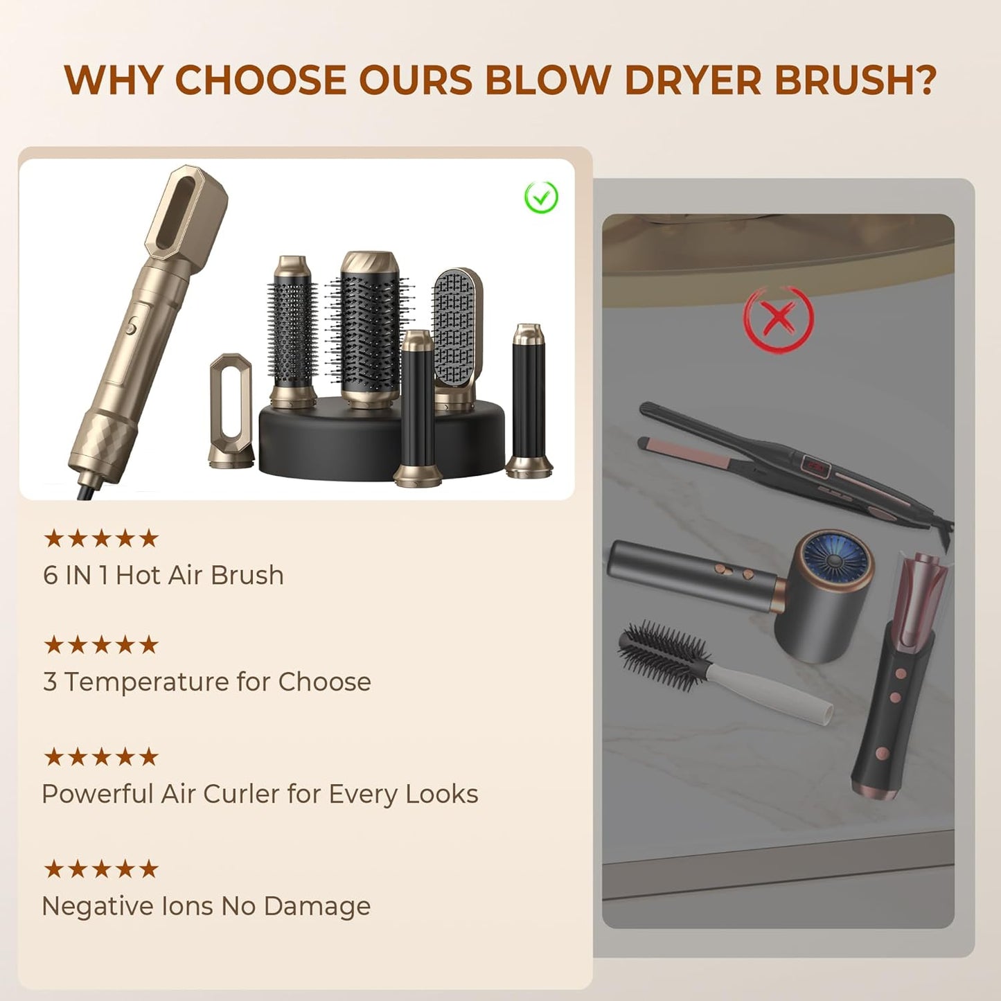 Atopskins Airstyler Set 6 in 1 Warmluftbürste Set, 1000W Stylingbürsten Set Gold