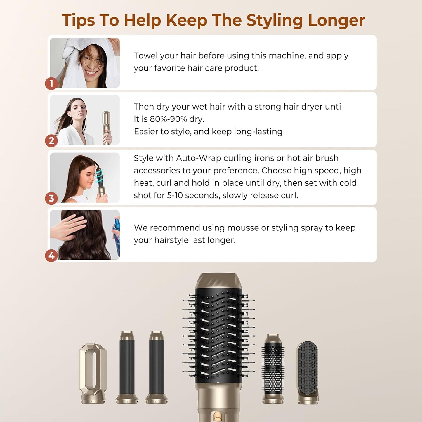 Atopskins Airstyler Set 6 in 1 Warmluftbürste Set, 1000W Stylingbürsten Set Gold