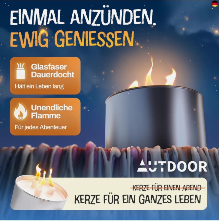 AUTDOOR Outdoor Kerze mit Dauerdocht und nachhaltigem Sojawachs - Dauerkerze