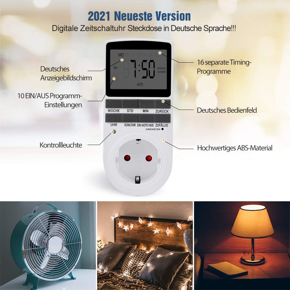 4 X Digitale Elektrische Zeitschaltuhr Steckdose mit Deutsche System und Tasten 10 konfigurierbare Programme 12/24h Modus, Weiß, 4 stück