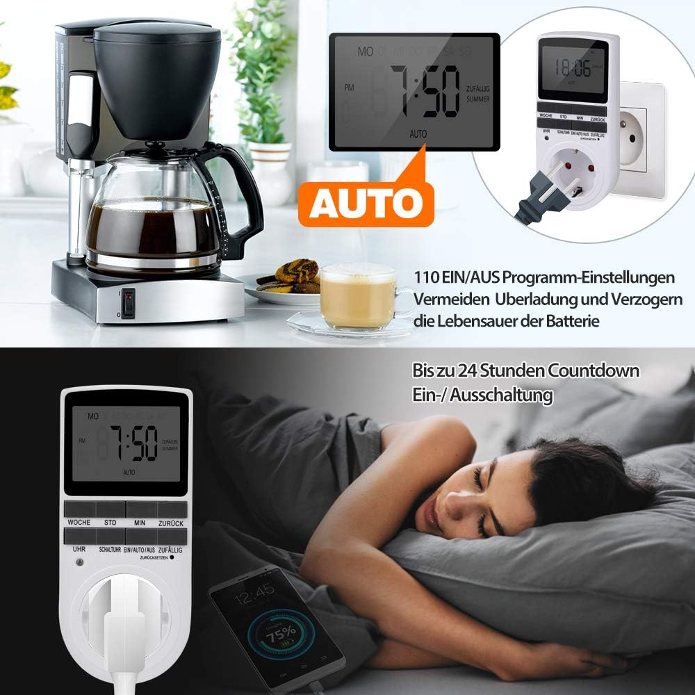 4 X Digitale Elektrische Zeitschaltuhr Steckdose mit Deutsche System und Tasten 10 konfigurierbare Programme 12/24h Modus, Weiß, 4 stück