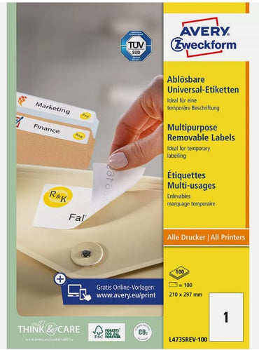 Étiquettes Zweckform 100XAVERY L4735REV 100 210,0 x 297,0 mm blanches