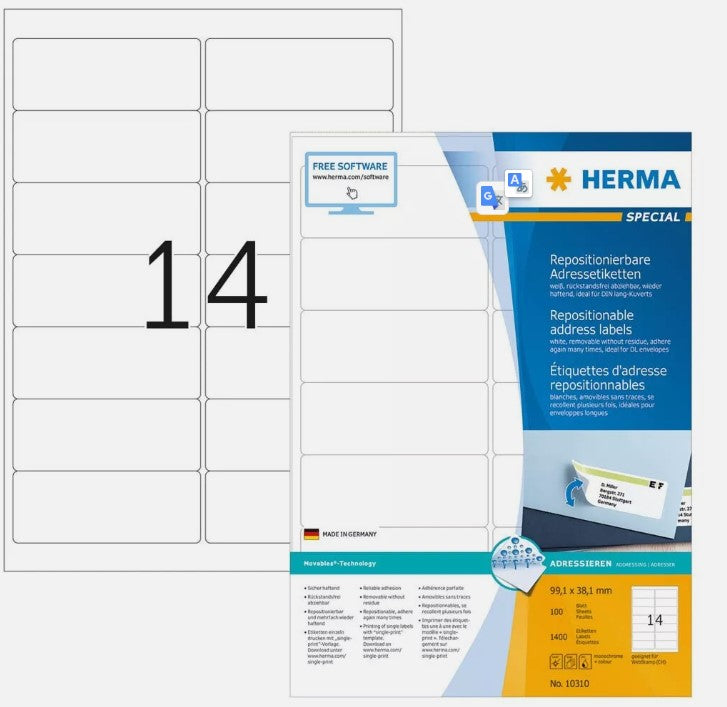Étiquettes d'adresse Herma 10310, 99,1 x 38,1 mm, blanches, paquet de 1 400