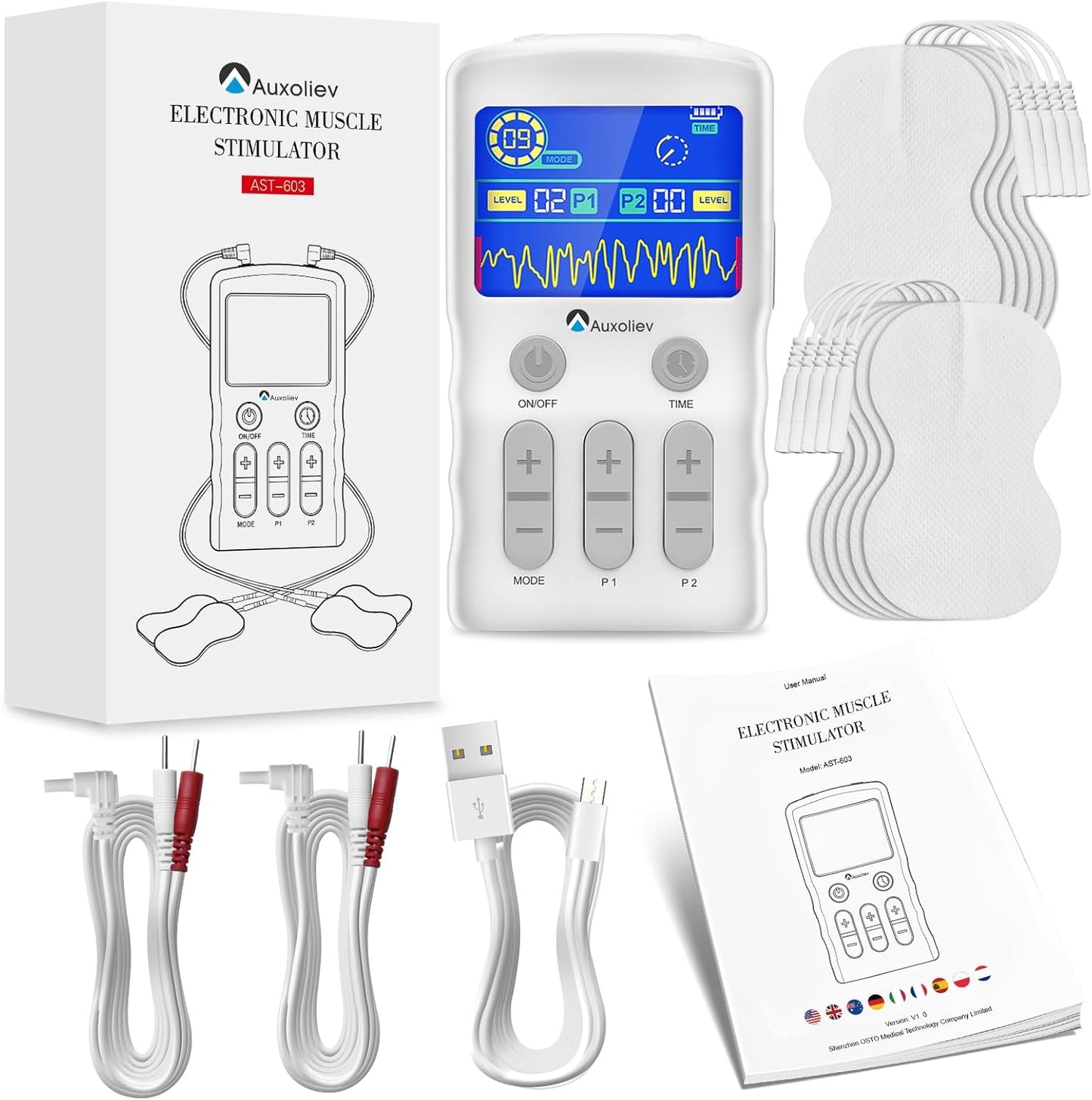 Auxoliev Tens Schmerztherapie wiederaufladbare Dual-Kanal 25 Modus 50 Stärke 10 Elektrode Pads