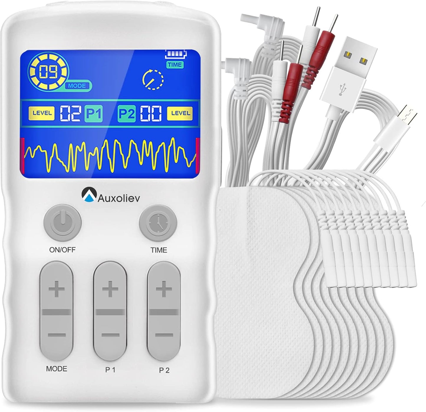 Auxoliev Tens Schmerztherapie wiederaufladbare Dual-Kanal 25 Modus 50 Stärke 10 Elektrode Pads
