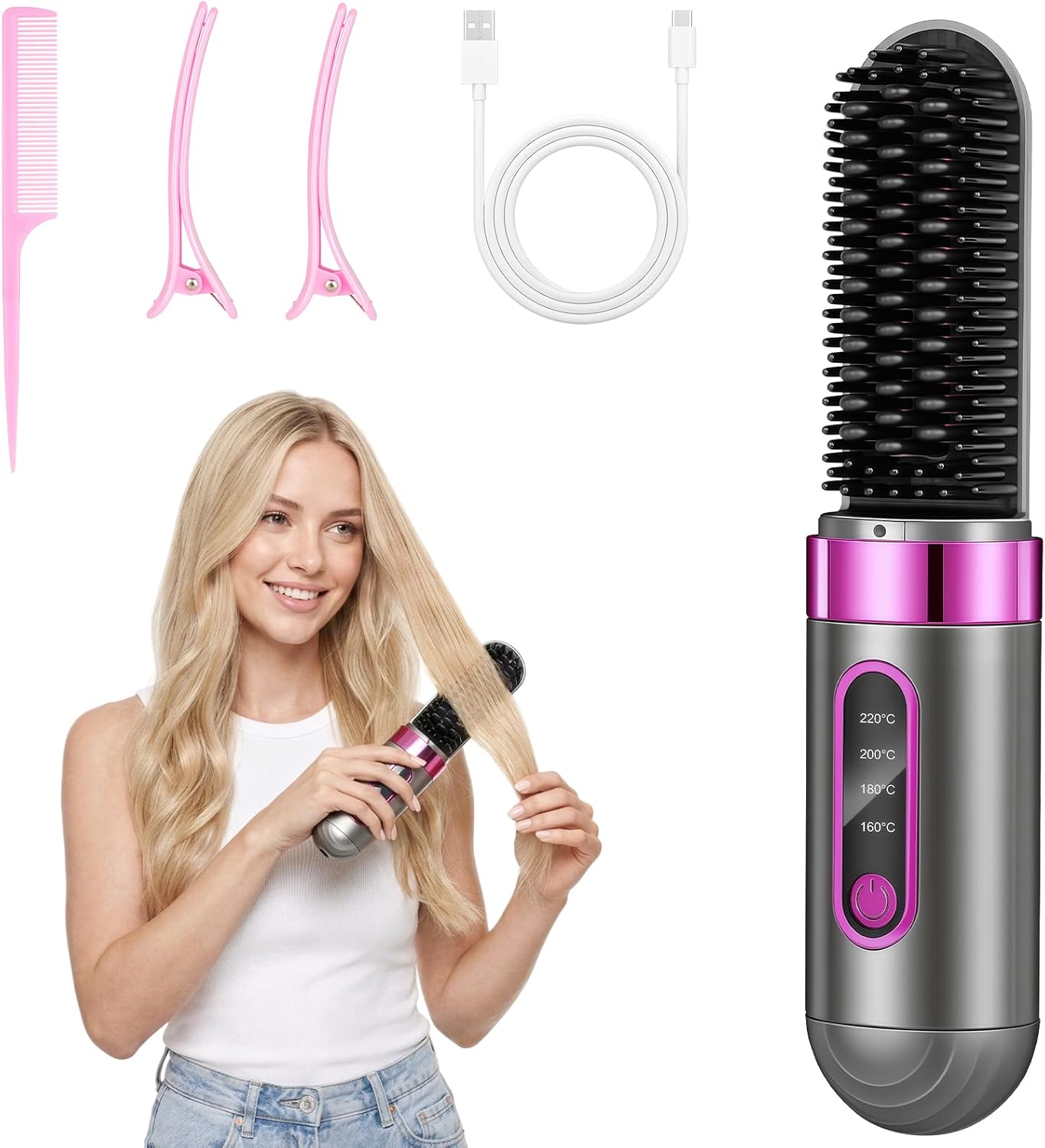Glättbürste Kabellos, Tragbare Glättungsbürste für Haarstyling, 4 Wärmestufen,160°C-200°C
