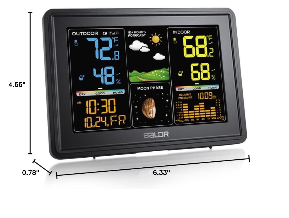 BALDR Wetterstation Innen- und Außenthermometer Digital Farb-LCD Mondphasen Luftdruck Temperatur Luftfeuchtigkeit Monitor