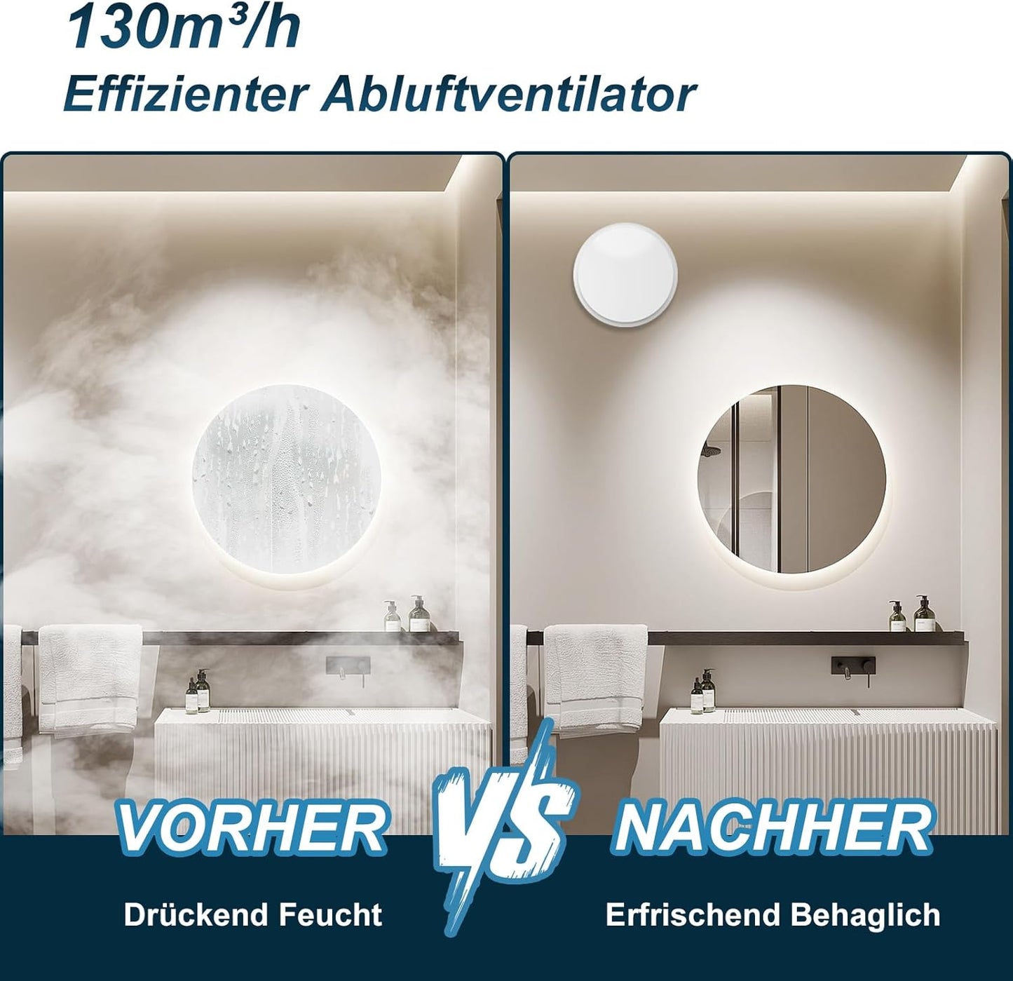 Badlüfter 100mm, 12W Leiser Abluftventilator, 130m³/h Starker Lüftung Wandventilator