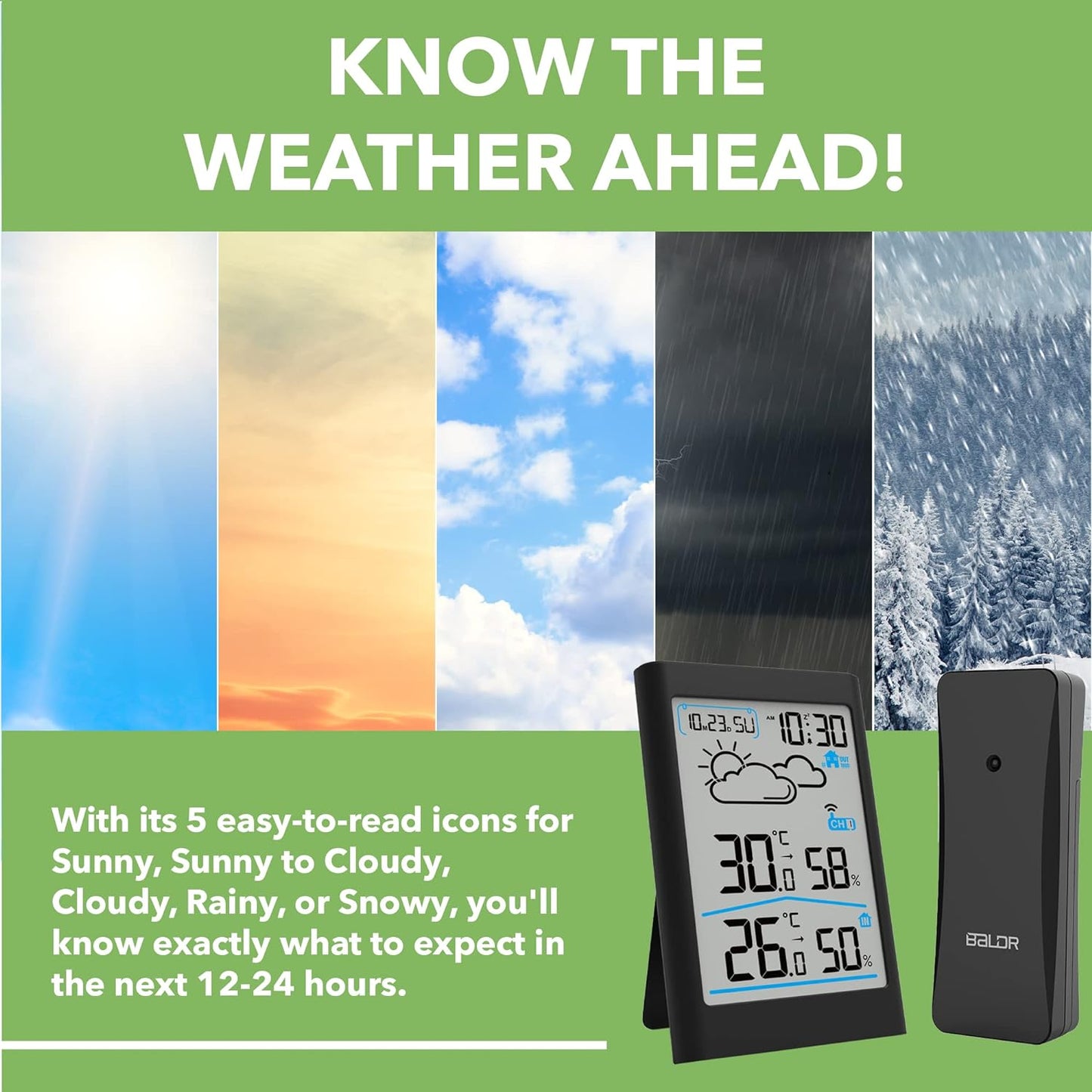 BALDR Thermomètre à câble station d'humidité avec moniteur de température, mesure du feu de l'air, Zeit- und Datumsanzeige, blanc Blacklight LCD (noir)
