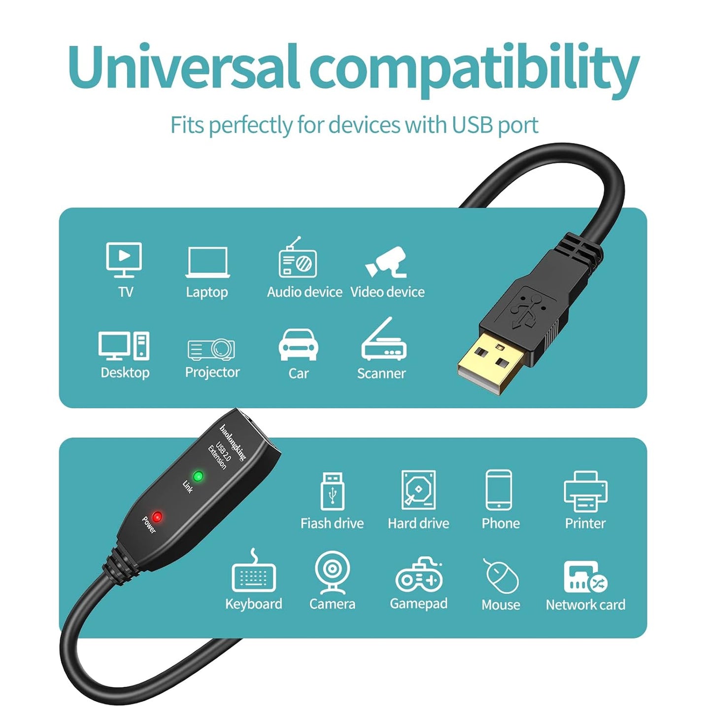 baolongking USB-Verlängerungskabel,aktiver Repeater-A-Stecker auf A-Buchse, lange Kabel mit Signalverstärker (30M)