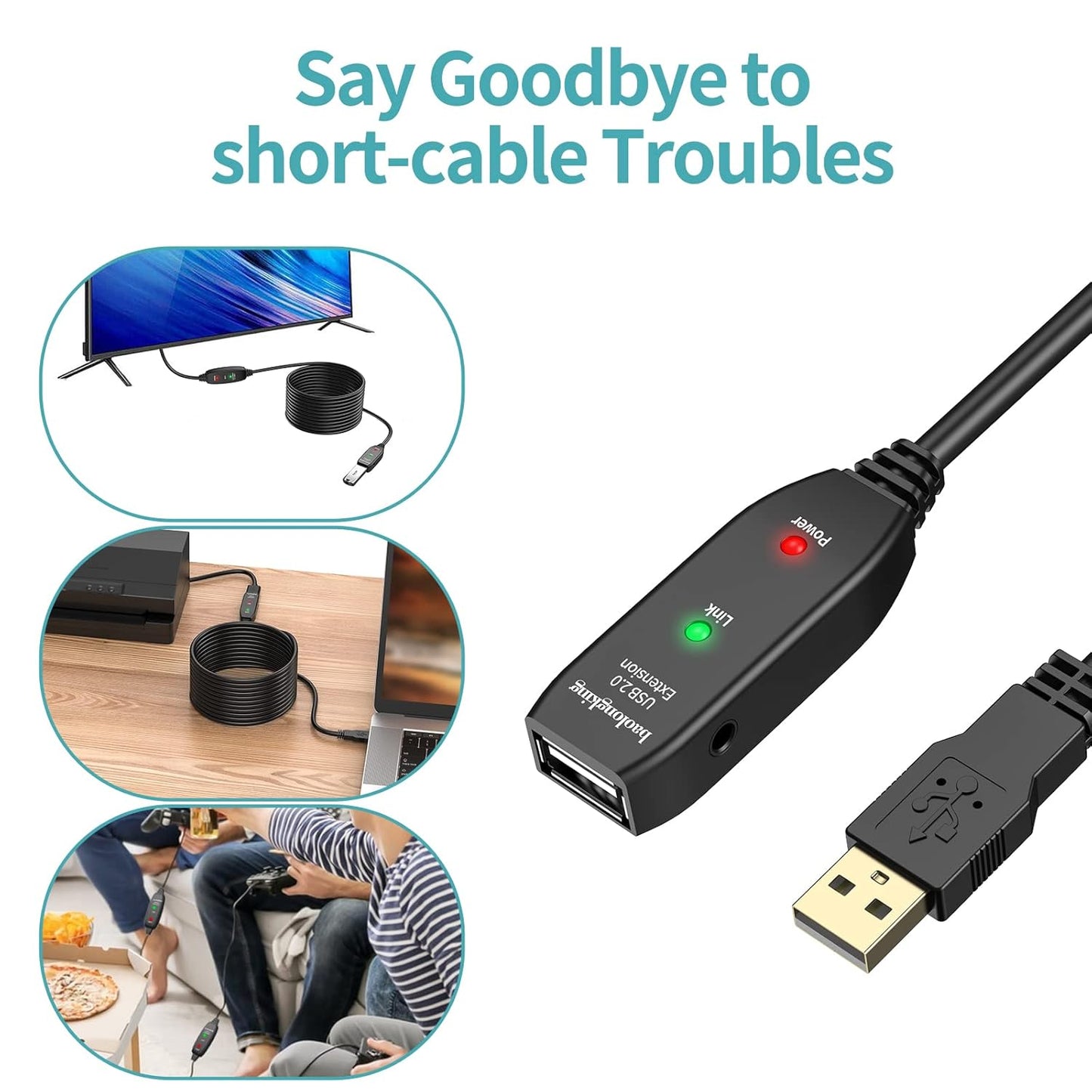 baolongking USB-Verlängerungskabel,aktiver Repeater-A-Stecker auf A-Buchse, lange Kabel mit Signalverstärker (30M)