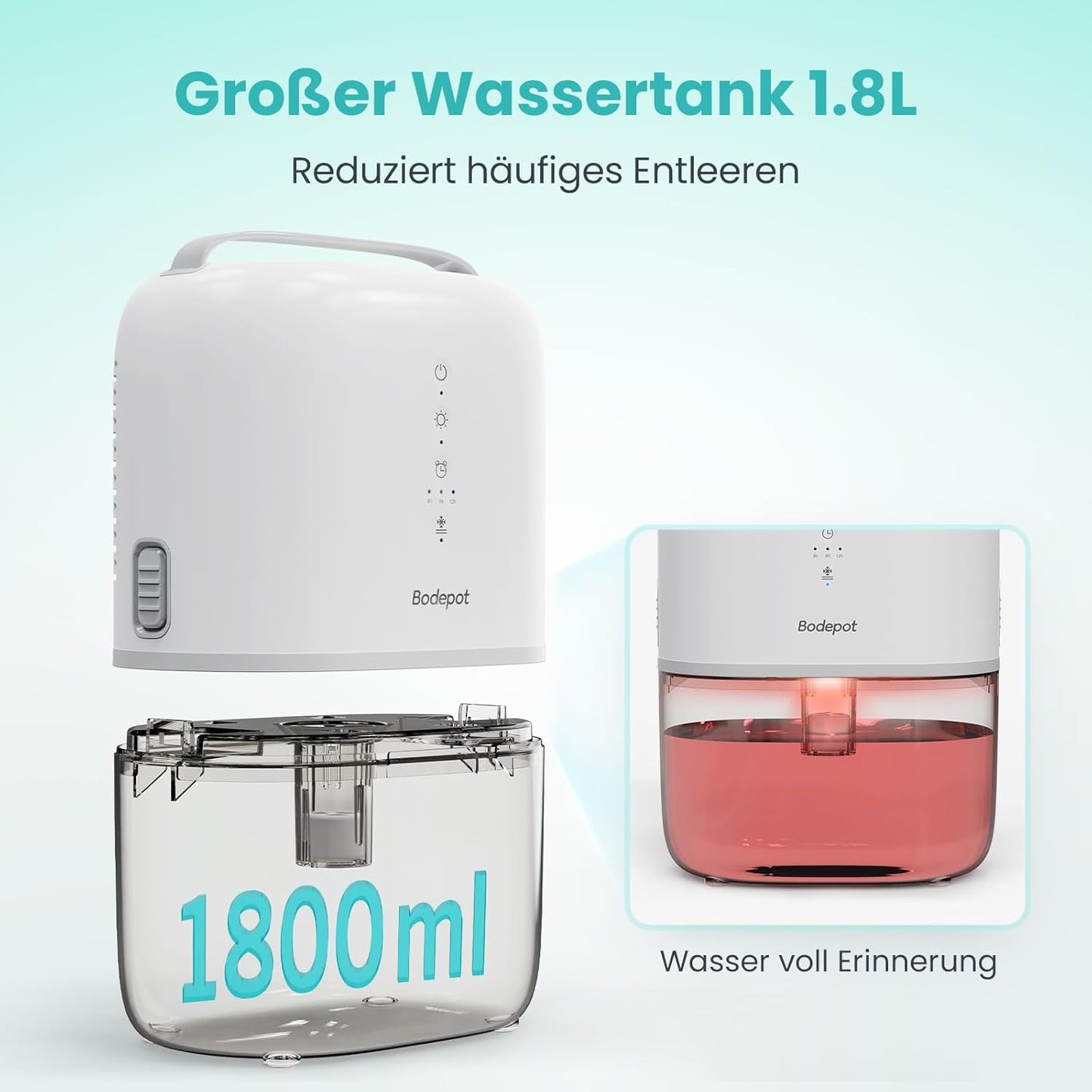 BODEPOT Luftentfeuchter Elektrisch Keller 1800ml 40W Timer, 7 Farbige