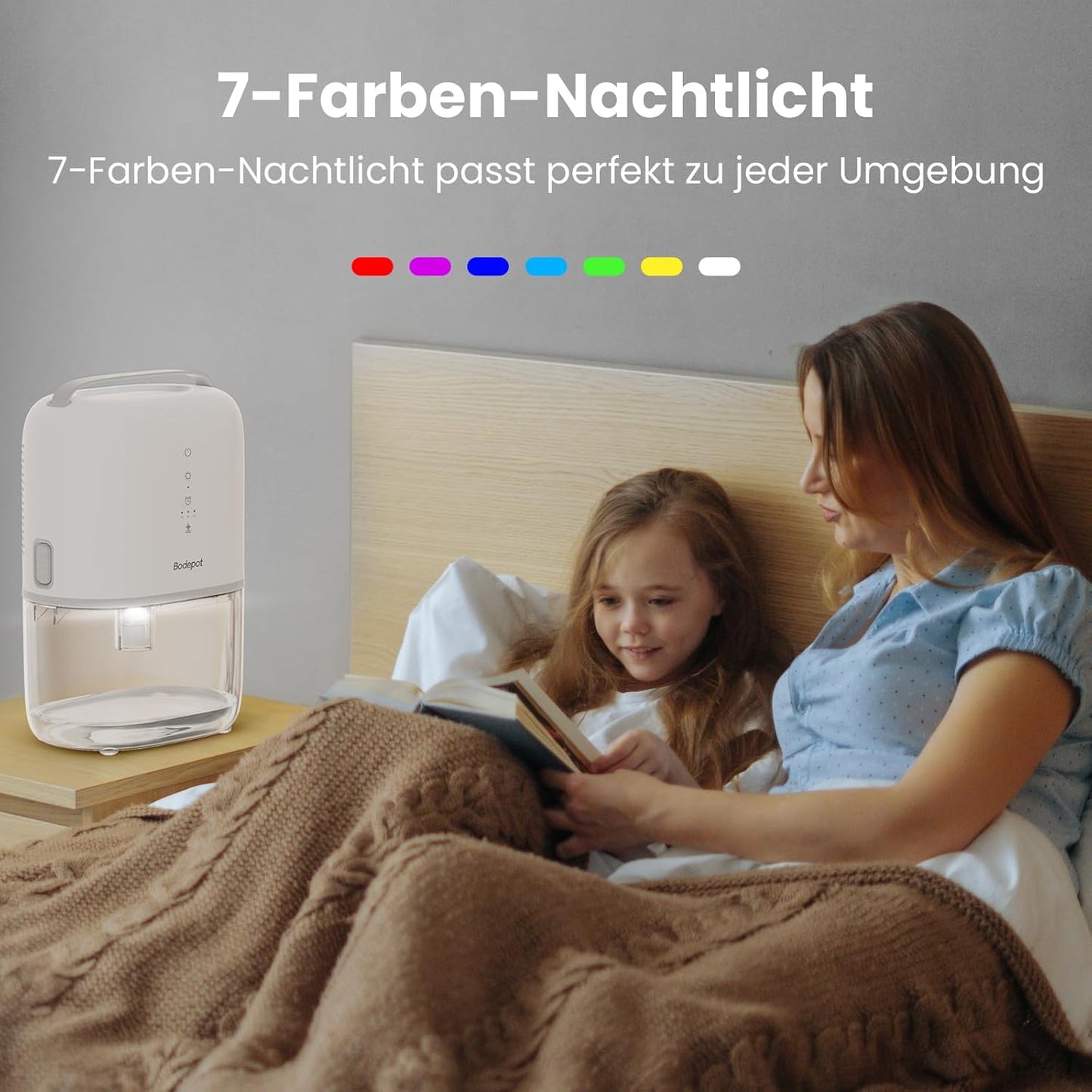BODEPOT Luftentfeuchter Elektrisch Keller 1800ml 40W Timer, 7 Farbige
