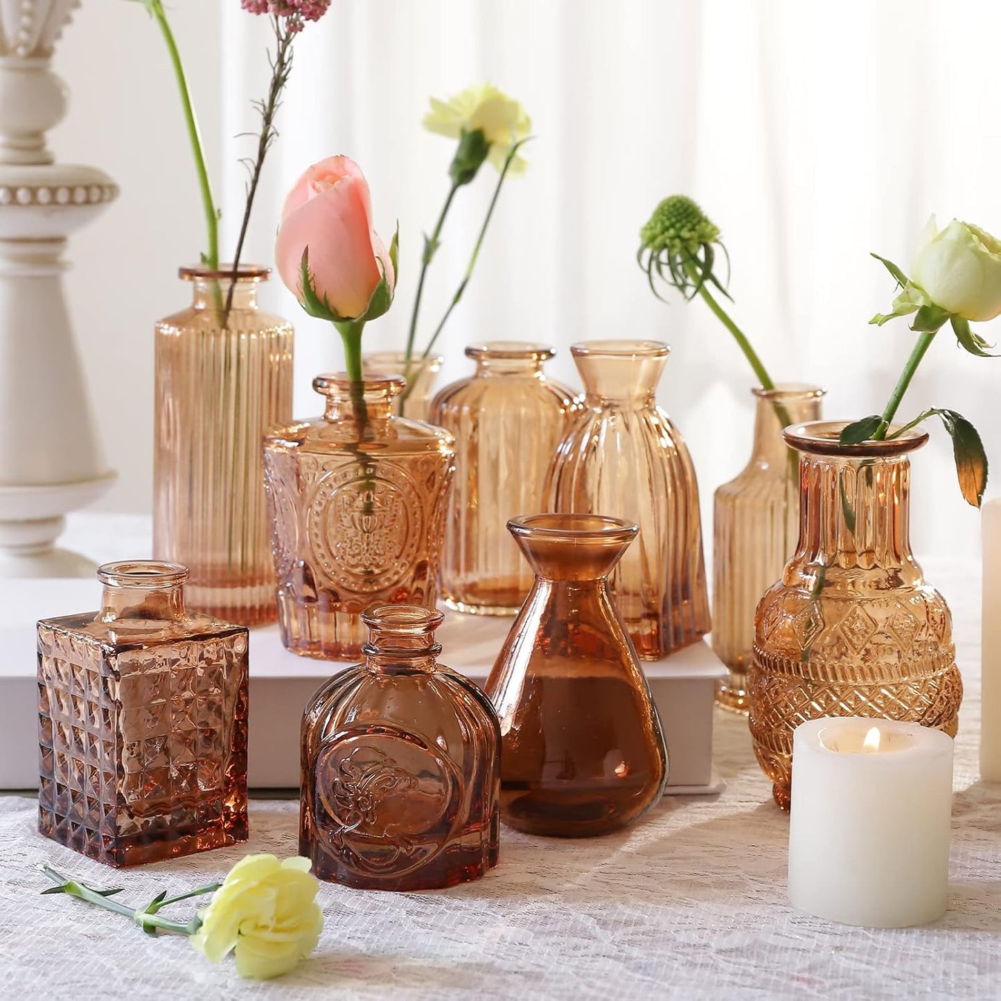 Vase Glas Bernstein Set 10er,Blumenvase Klein Vasen für Tischdeko