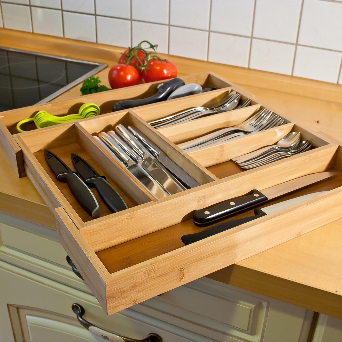 Relaxdays Besteckkasten Bambusholz - Ausziehbar 30-48 cm - Besteckkasten aus Holz.