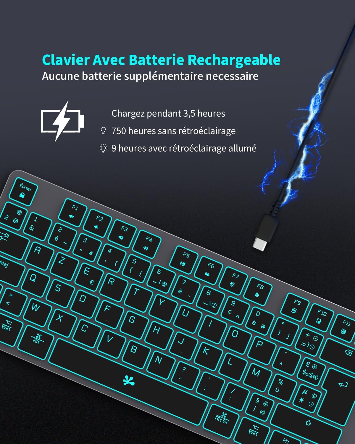 B.FRIENDIT Kabellose Tastatur mit Hintergrundbeleuchtung, wiederaufladbar,USB, leise, 2,4 G