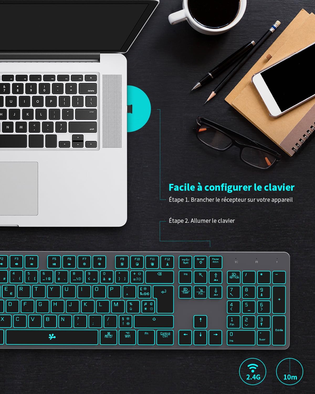 B.FRIENDIT Kabellose Tastatur mit Hintergrundbeleuchtung, wiederaufladbar,USB, leise, 2,4 G