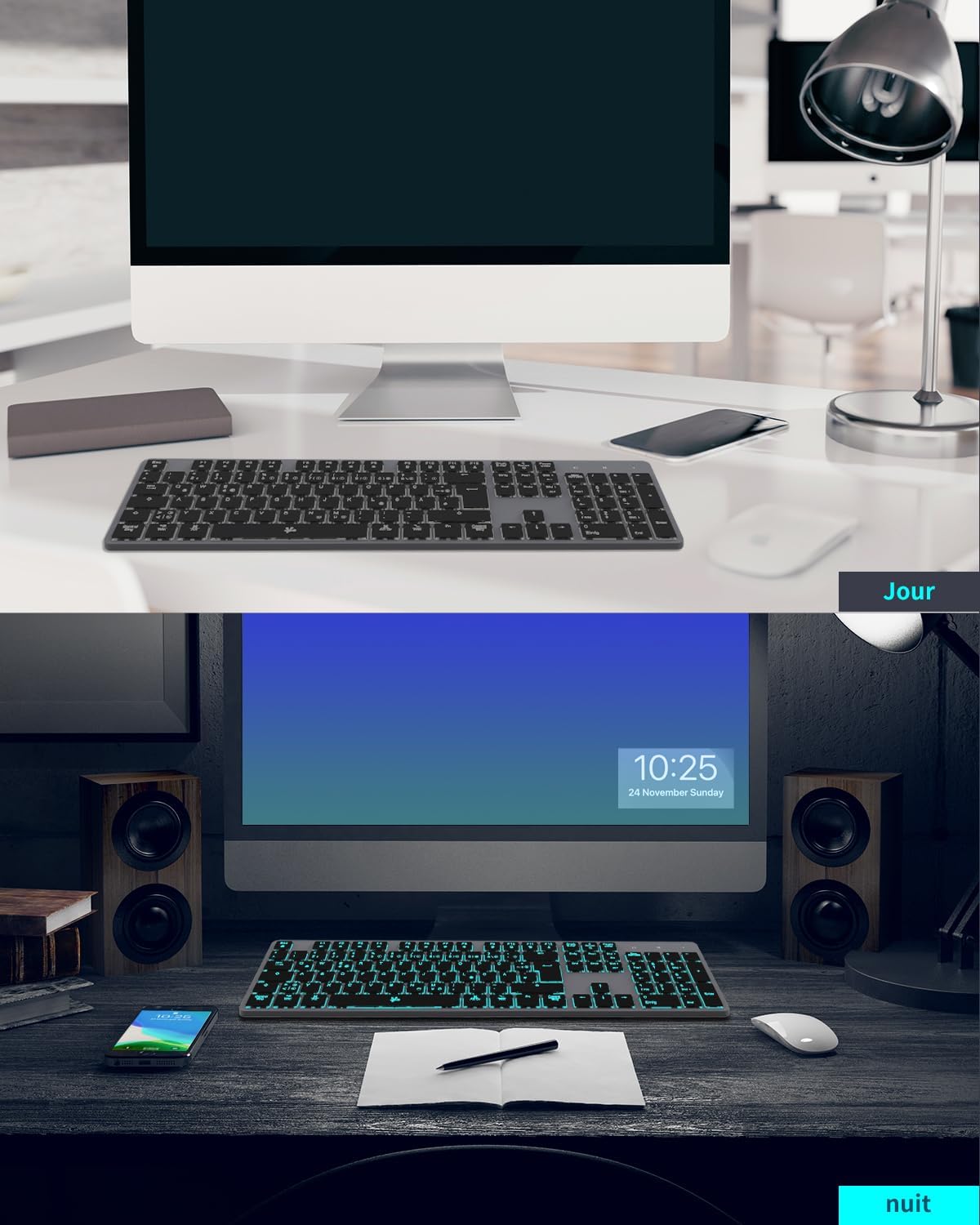 B.FRIENDIT Kabellose Tastatur mit Hintergrundbeleuchtung, wiederaufladbar,USB, leise, 2,4 G