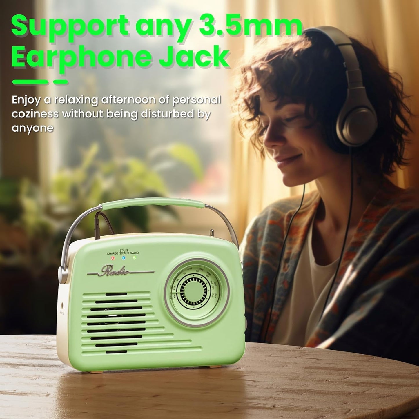 Bingxue Retro Vintage Radio Bluetooth, Portable Am/Fm, (Grün)