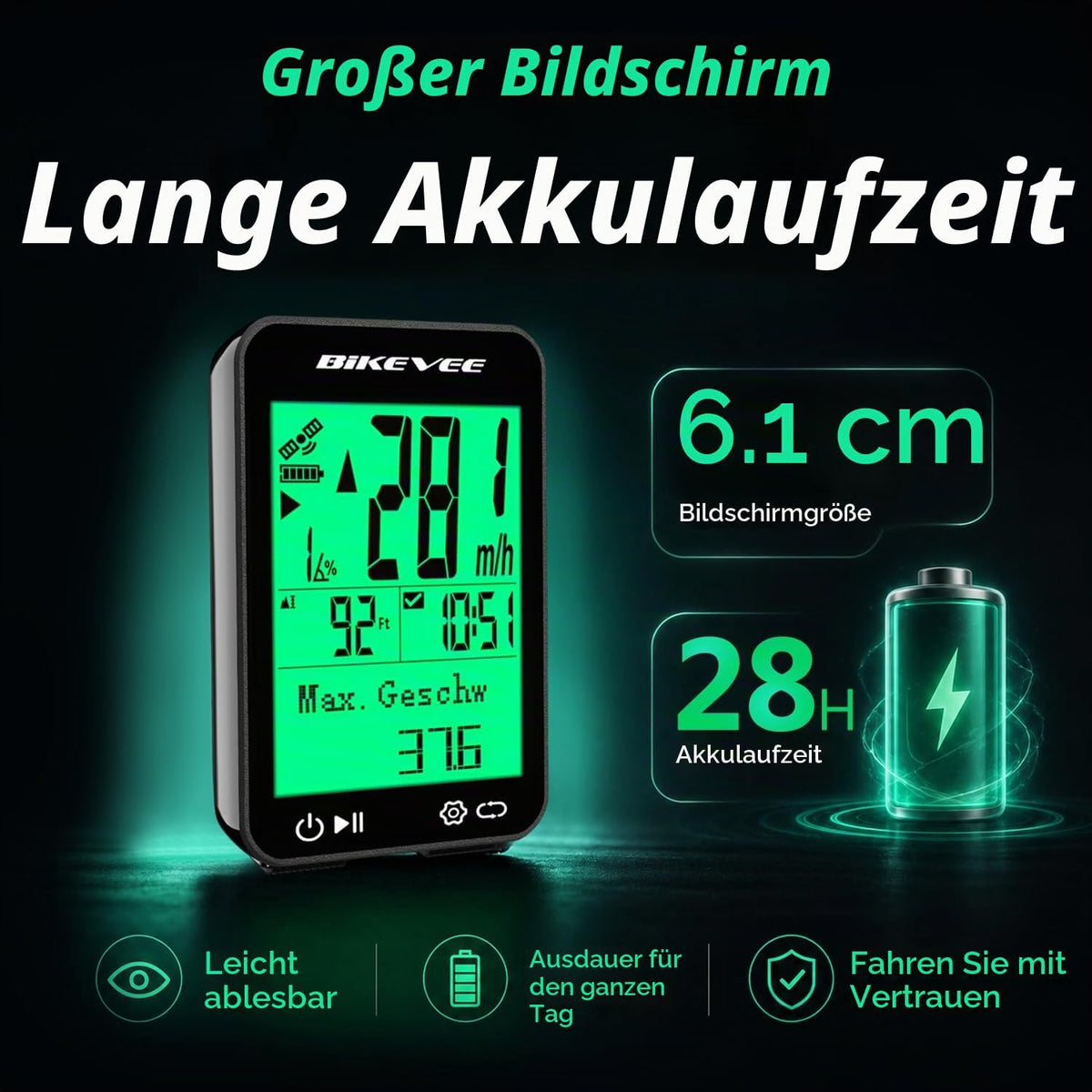 Bikevee GPS Fahrradcomputer Kabellos, 8 Sprachen, Nachtanzeige IPX7 Display