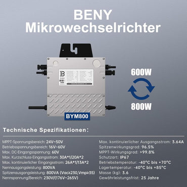 BENY Solar-Mikro-Wechselrichter 800 W, Wechselrichter mit dem Stromnetz,WLAN App