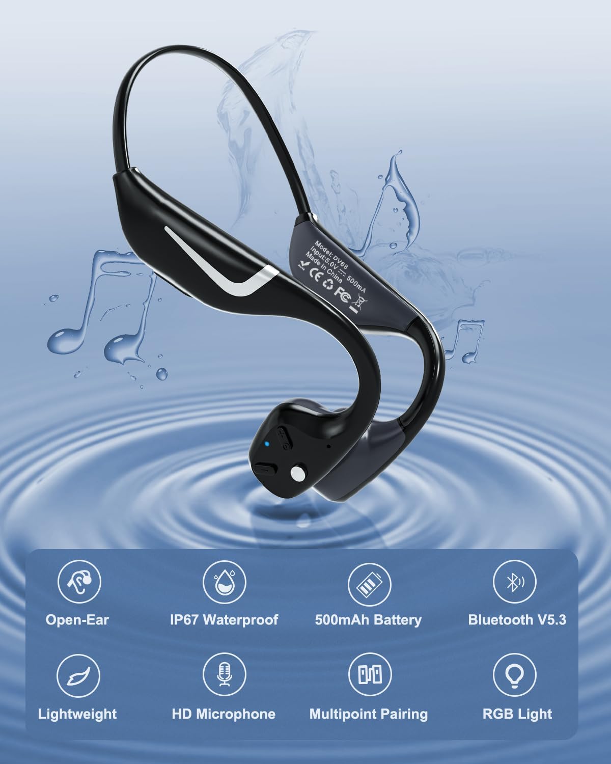 Knochenleitungs-Kopfhöreranschluss DV68, Bluetooth, offener Kopfhöreranschluss mit Mikrofon, IP67 wasserdicht